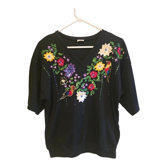 unbranded Tops - Embroidered Black V-Neck Floral & Bird Women's Top